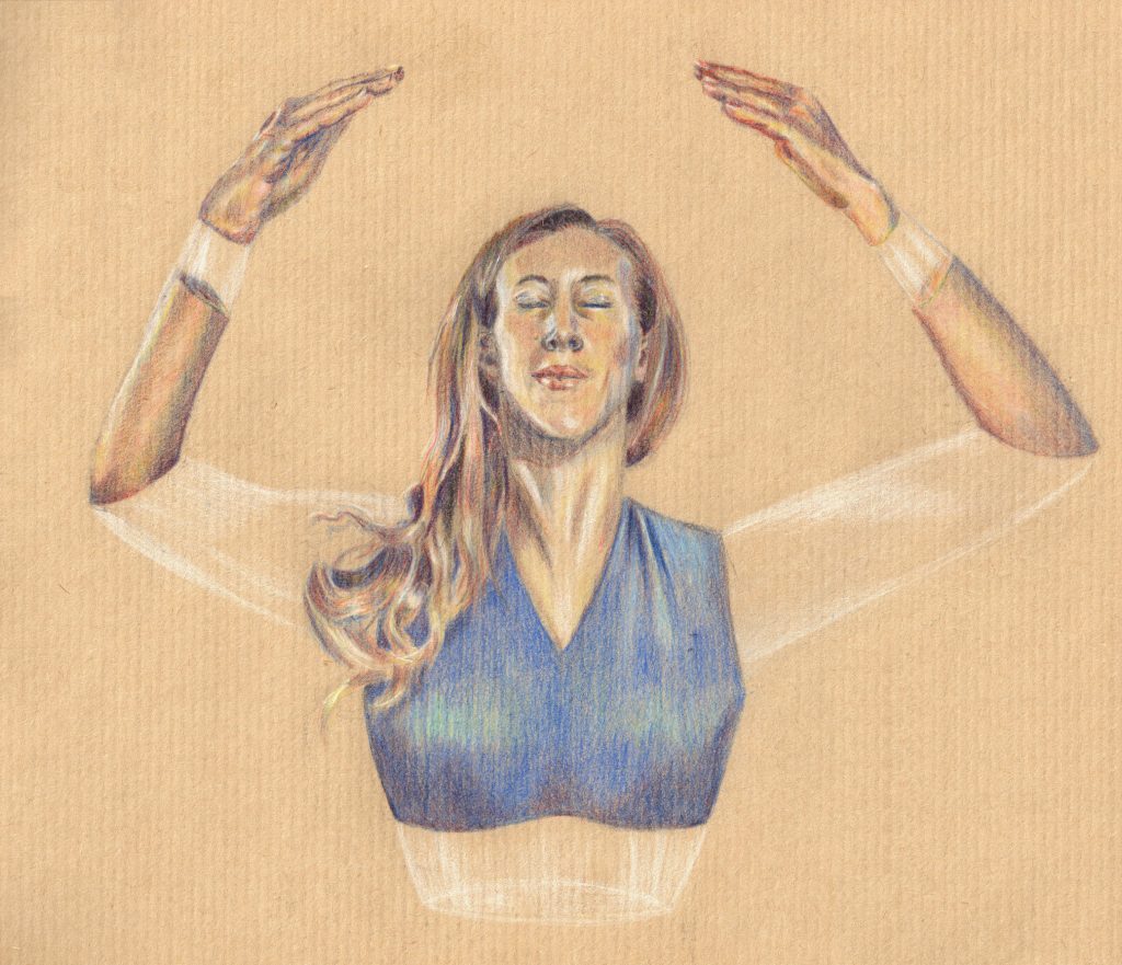 Dessin aux crayons de couleurs sur papier kraft, femme en buste levant les mains au dessus de sa tête, yeux fermés