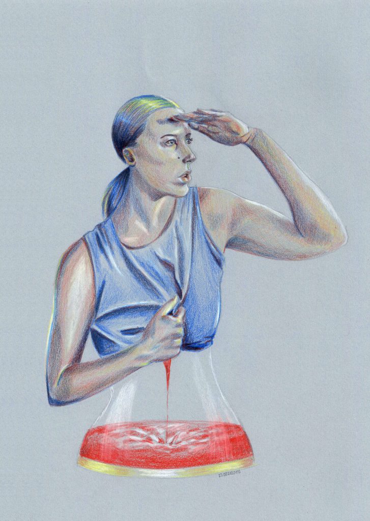 Dessin aux crayons de couleurs sur fond gris, femme-sablier scrutant l'horizon