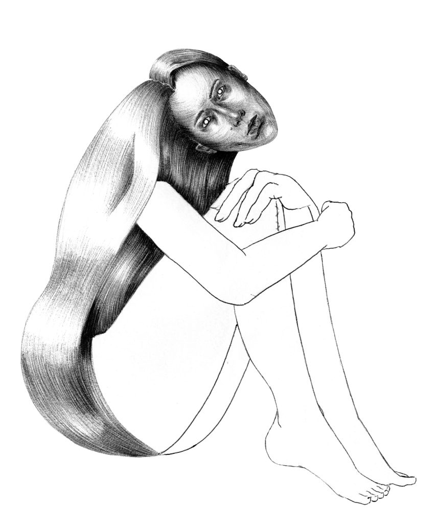 Dessin au stylo noir, femme assise, genoux contre elle, enveloppée par sa chevelure