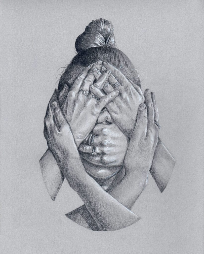 Dessin aux crayons gris et blanc, tête dissimulée sous cinq mains qui lui couvrent les yeux, les oreilles, le nez et la bouche