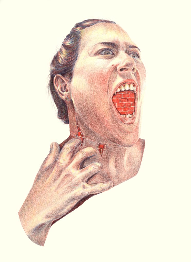 Dessin aux crayons de couleurs, femme criant, sa bouche et sa gorge sont un mur de briques