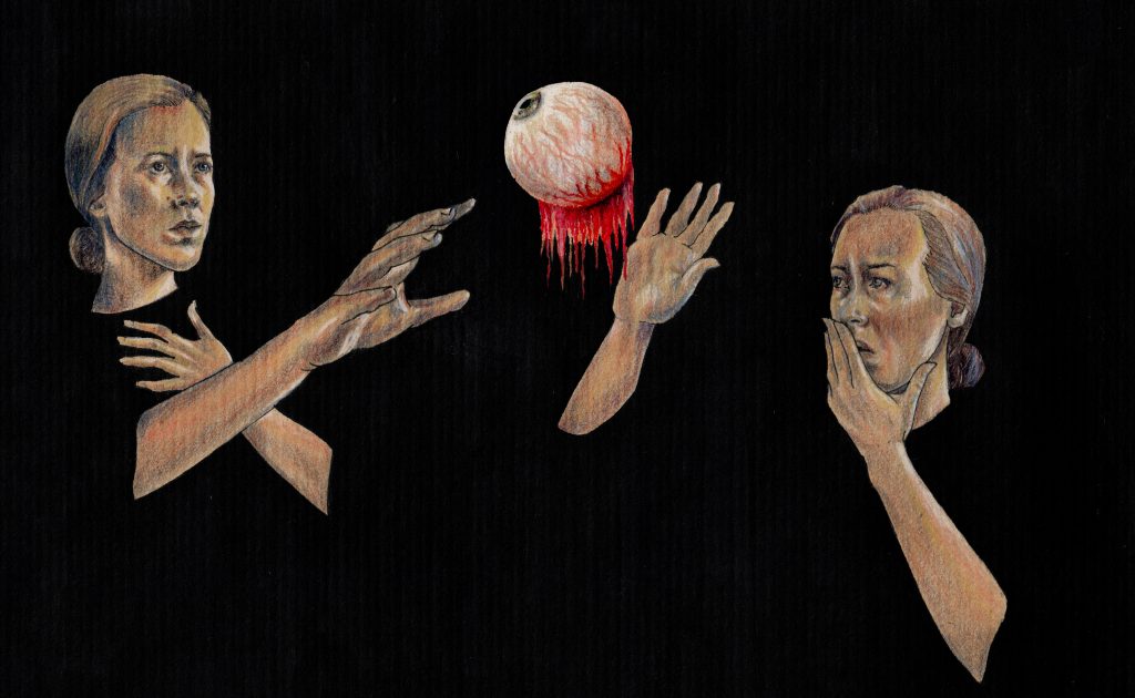 Dessin aux crayons et feutres, deux femmes regardent un oeil flottant entre elles