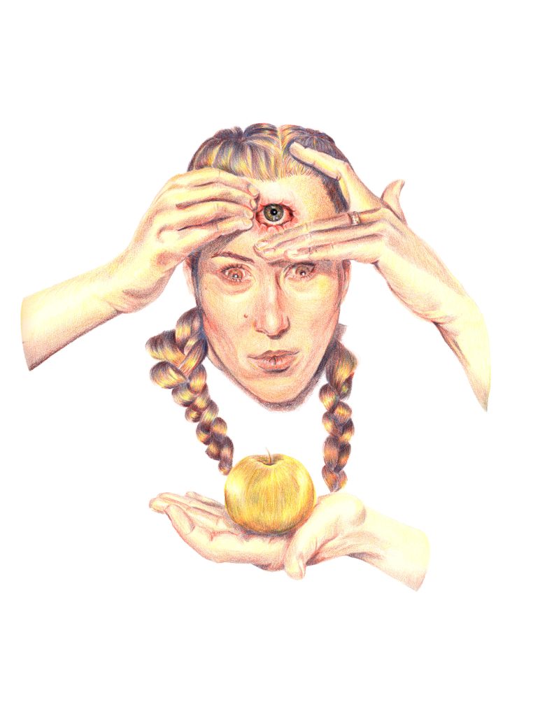 Dessin aux crayons de couleurs, une femme avec un troisième oeil incrusté dans le front fixe une pomme dorée présentée devant elle par une main flottante