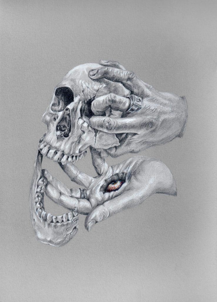 Dessin aux crayons gris, tête de mort désarticulée et fissurée tenue par une main à travers un orbite, une deuxième main en dessous montre un oeil dans le creux de sa paume