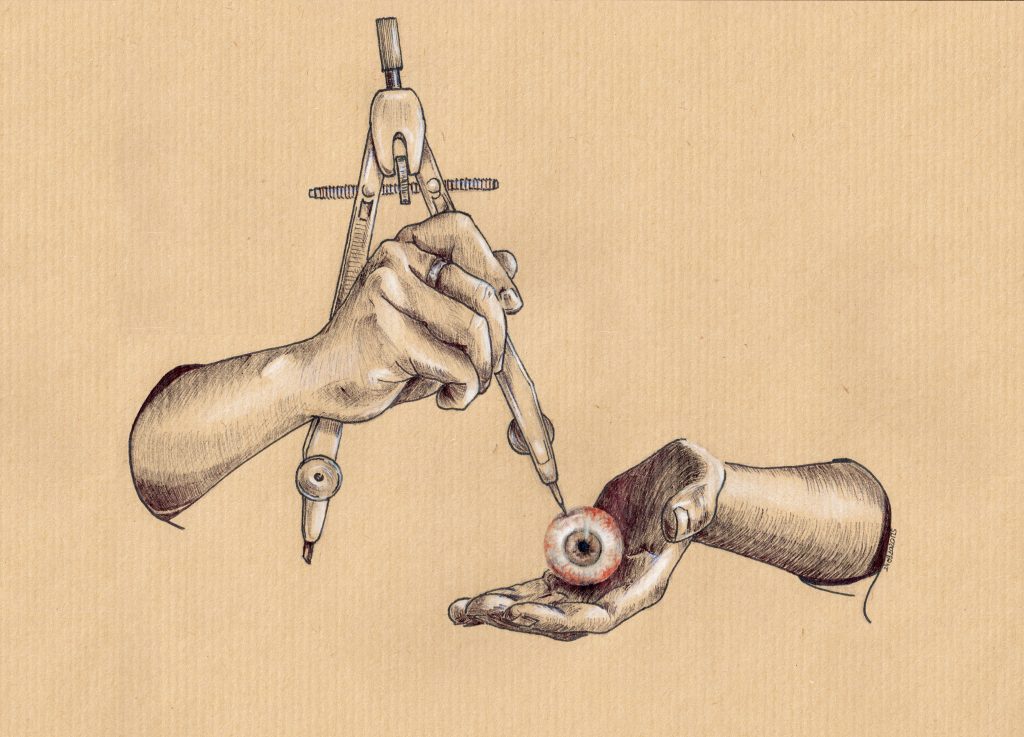 Dessin au stylo noir, crayons et feutres, deux mains tenant un compas planté dans un oeil