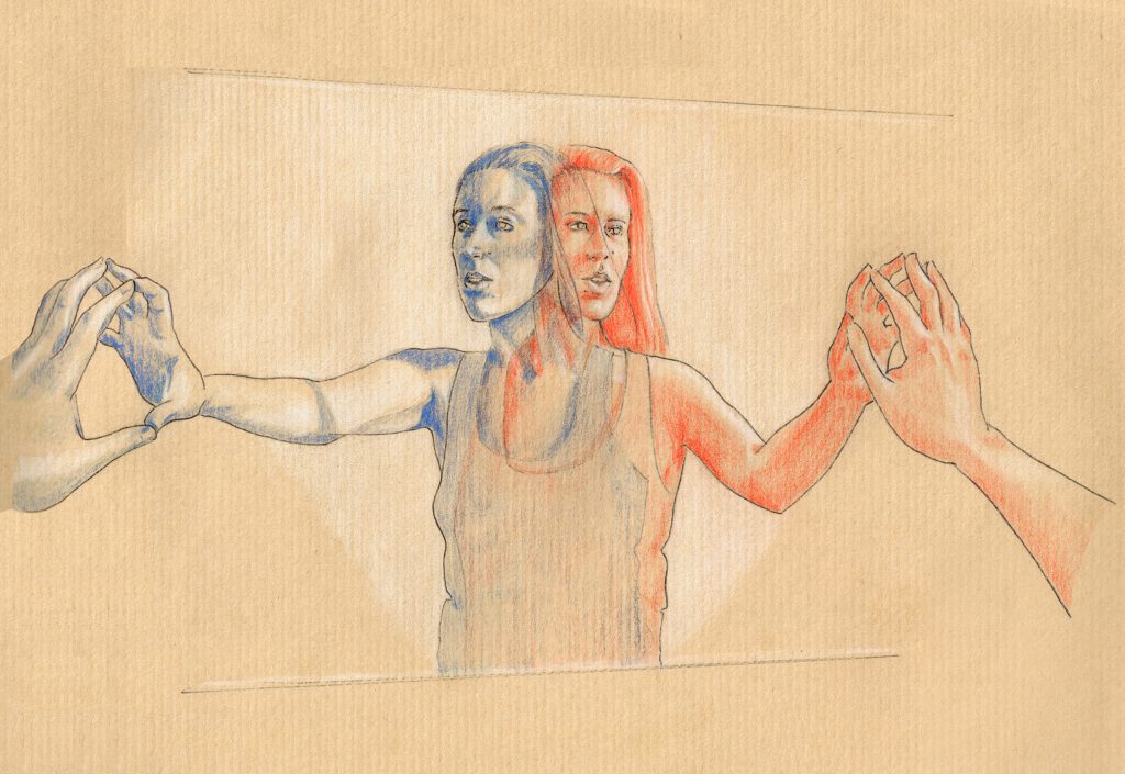 Dessin aux crayons de couleurs, deux reflets de femmes superposés dans un miroir
