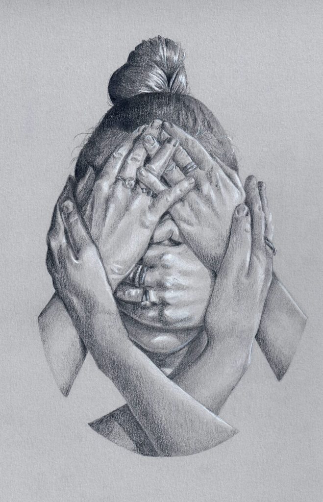 Dessin aux crayons gris et blanc, tête dissimulée sous cinq mains qui lui couvrent les yeux, les oreilles, le nez et la bouche